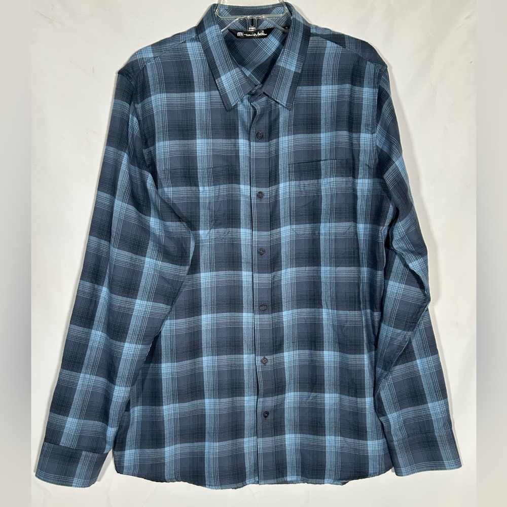 TRAVIS MATHEW BLUE PLAID FLANNEL LONG SLEEVE BUTTON UP PREPPY GOLF SHIRT MENS XL